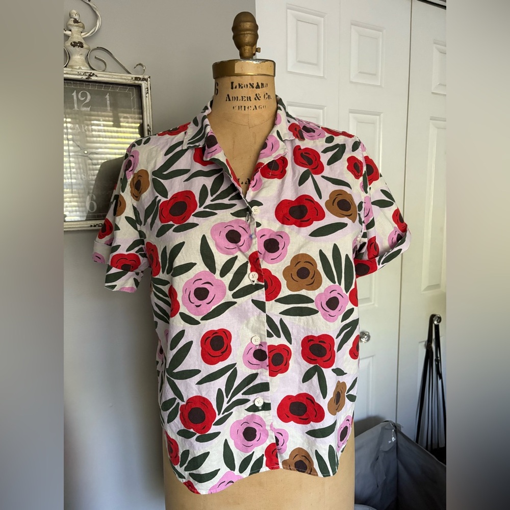 MARIMEKKO Linen Blend Floral Button Down Shirt